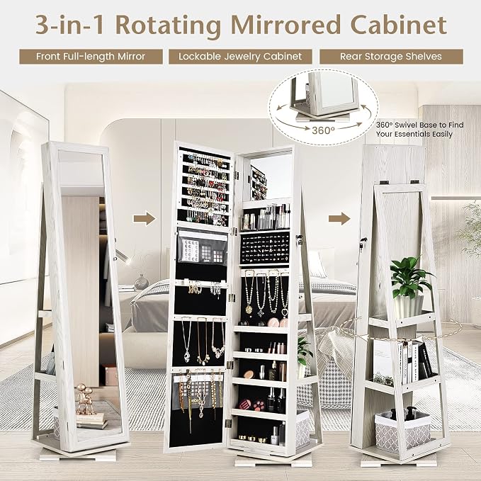 COSTWAY 360 Rotating Jewelry Armoire Cabinet, Standing Jewelry Organizer w/Full-Length Mirror & Large Storage Space, Lockable Mirror Jewelry Cabinet for Girls Women (White)