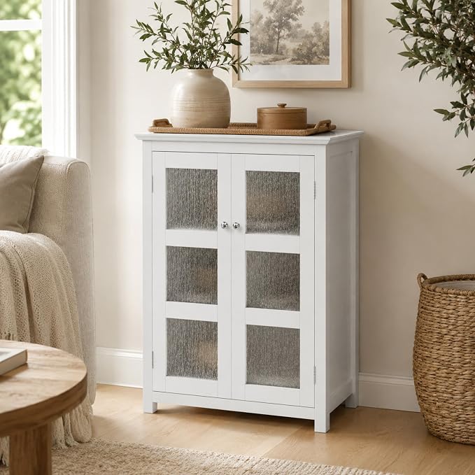 Teamson Home Conner Freestanding Two-Door Floor Storage Cabinet with 2 Adjustable Shelves, White