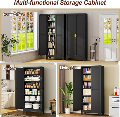 75" Black Metal Storage Cabinet with 2 Doors and 5 Adjustable Shelves,Steel Garage Tool Cabinet, File Cabinet,Kitchen Pantry Cabinet for Home,Office,Garage,School,Warehouse