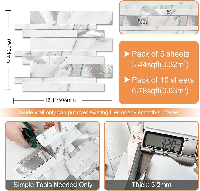 VAOVI Peel and Stick Tile Stone Backsplash for Kitchen Wall(10pcs,White S)