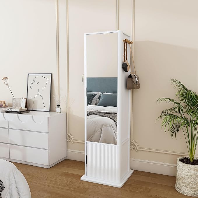 360° Rotating Makeup Jewelry Armoire Cabinet, Mirror Jewelry Cabinet Standing with a Full-Length Mirror, Storage Cabinet a Coat Rack, 4 Layers of Open 2 Layers of Built-In Shelves for Bedroom