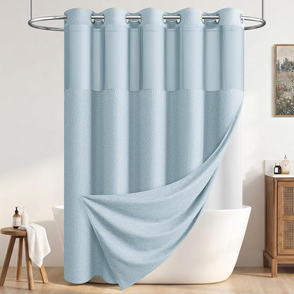 Fog Blue Ringless Linen Textured Shower Curtain with Snap Liner, 72x75 | 3 in 1 Modern Shower Curtain Set, Removable Liner, Waterproof & Washable, Mesh Top Window, Durable Fabric, Easy to Install