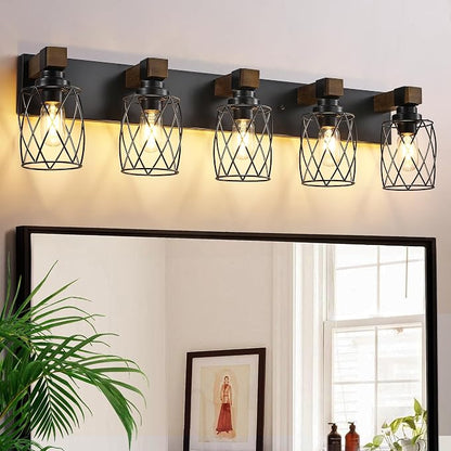 Farmhouse 5-Light Wood Bathroom Vanity Light, Black Metal Cage Shade | Mounted Over Mirror, Industrial Rustic Style, Ideal for Bathroom, Bedroom, Hallway & Living Room, Easy To Install