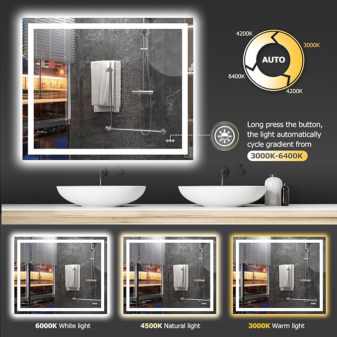 Hivone 48"X40" LED Bathroom Mirror with Lights, Anti-Fog, Dimmable, Backlit + Front Lit, Smart Bathroom Vanity Mirror, Memory Function, Shatterproof, Tempered Glass (Horizontal/Vertical)