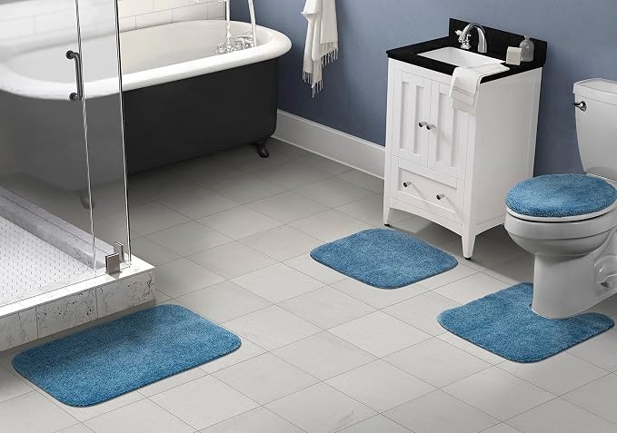 Garland Rug Traditional Nylon Washable Basin Blue 4 Piece Set - Lid, Contour, 2 Bath Rugs - Soft, Absorbent, and Stylish for Your Bathroom