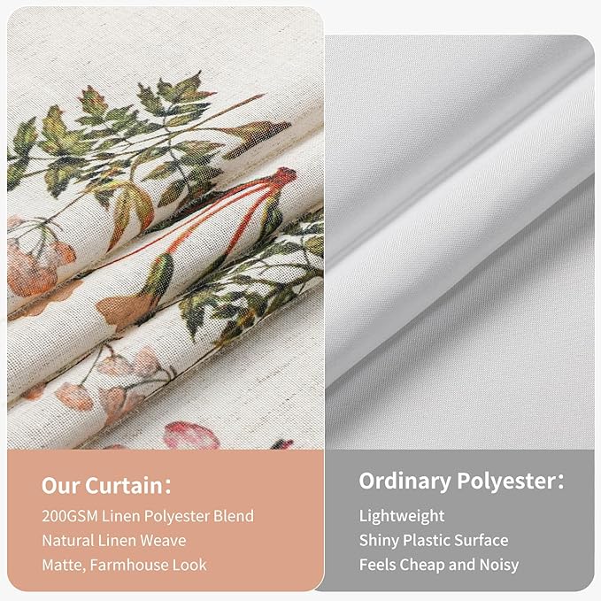 Colorful Star Farmhouse Beige Floral Linen Shower Curtain, 72" W x 72" L | Waterproof Shower Curtain Set with 12 Clear Hooks for Bathroom, Vintage Boho Farmhouse Linen Fabric Bathroom Curtains