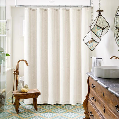 Cream Linen Shower Curtain for Bathroom Water Repellent 72x66 Inch | Neutral Ivory, Shower Curtain 66 Inches Long, Basement, Earth Tone, Boho Shabby Chic Country, Cloth Drapes, 72 x 66 Inches
