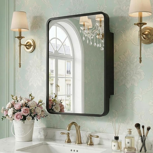 Casaphoria 24" H x 16" W Bathroom Medicine Cabinet with Mirror, Metal Frame Wall Medicine Cabinets Mirrors, Wall Mirror Cabinet, Black