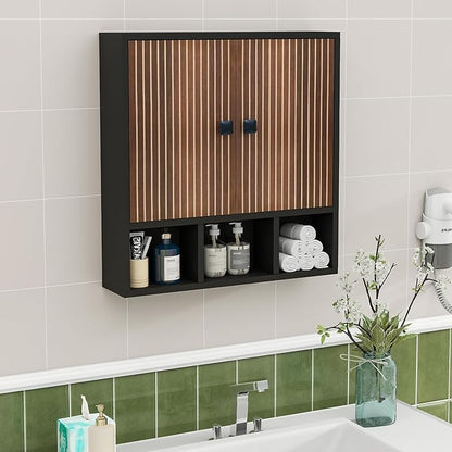 Bathroom Wall Cabinet,Wooden Medicine Cabinet with Fluted Doors Over The Toilet Storage Cabinet with Adjustable Shelf for Bathroom,Black