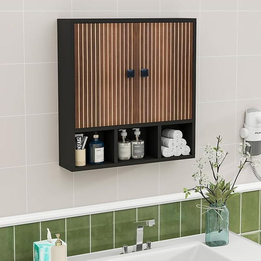 Bathroom Wall Cabinet,Wooden Medicine Cabinet with Fluted Doors Over The Toilet Storage Cabinet with Adjustable Shelf for Bathroom,Black
