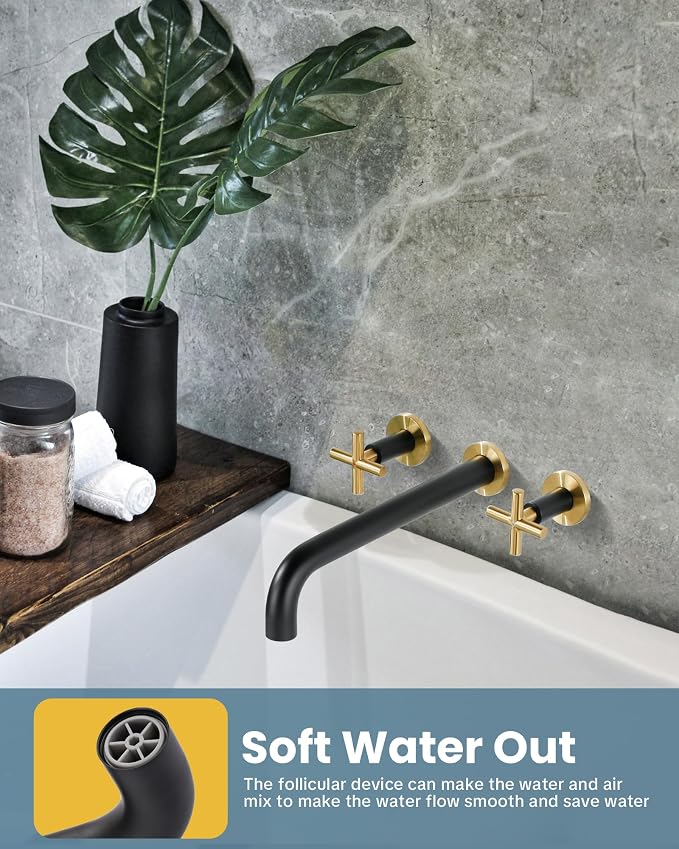 ARCORA Wall Mount Tub Filler: Black and Gold Bathtub Faucet Long Spout Reach 2 Cross Handles Tub Faucet with Brass Rough in Valve Included