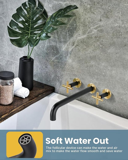 ARCORA Wall Mount Tub Filler: Black and Gold Bathtub Faucet Long Spout Reach 2 Cross Handles Tub Faucet with Brass Rough in Valve Included