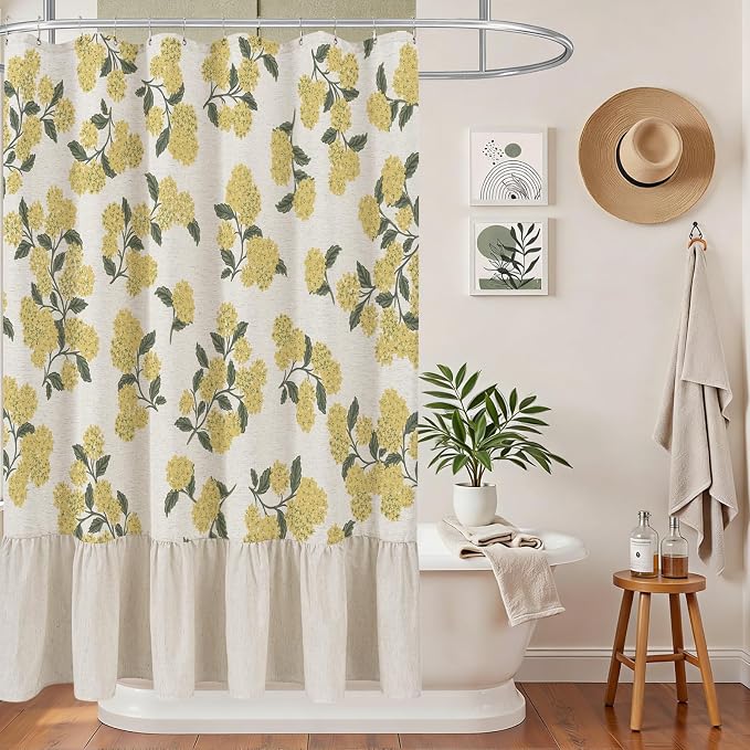 ORTIGIA Linen Textured Ruffle Shower Curtain with Metal Hooks, Vintage Yellow Hydrangea Floral Boho Waterproof Bath Curtain for Rustic Farmhouse Bathroom Decor 72x72 Inch