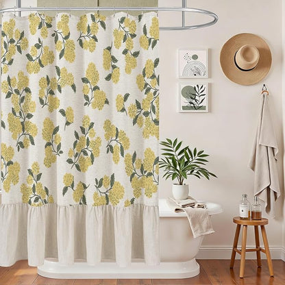 ORTIGIA Linen Textured Ruffle Shower Curtain with Metal Hooks, Vintage Yellow Hydrangea Floral Boho Waterproof Bath Curtain for Rustic Farmhouse Bathroom Decor 72x72 Inch