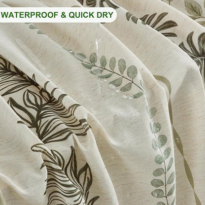ORTIGIA Linen Shower Curtain with Metal Hooks,Sage Green Leaf Botanical Waterproof Natural Linen Bath Curtain for Rustic Farmhouse Bathroom Decor 72x72 Inch