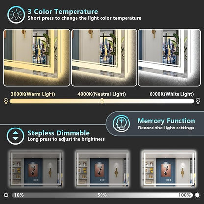 60x30 LED Bathroom Mirror with Lights, Backlit and Front Lit Anti-Fog Lighted Vanity Mirrors for Bathroom Wall, Dimmable, 3-Color Light, Memory, Shatter-Proof, HD Tempered Glass, CRI＞90