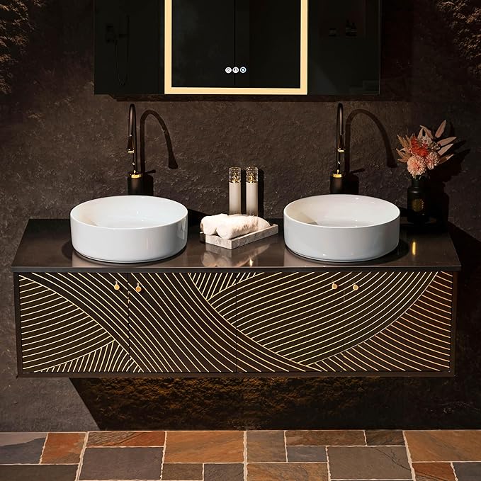 Woodbridge 60"X22" Wall Mounted Vanity with Double Ceramic Round Vessel Sinks,Black Engineered Stone Vanity Top,Floating Design with Hand-Painted Black & Gold Accents,Space-Saving for Modern Living