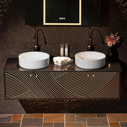 Woodbridge 60"X22" Wall Mounted Vanity with Double Ceramic Round Vessel Sinks,Black Engineered Stone Vanity Top,Floating Design with Hand-Painted Black & Gold Accents,Space-Saving for Modern Living