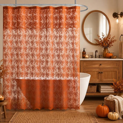 TUDECO Long Orange Shower Curtain with Attached Valance, 72W x 84L Inch | Autumn Bathroom Decor, Terracotta Floral Lace, Boho Farmhouse Charm, Brightens Space, Scalloped Edges, Reinforced Holes