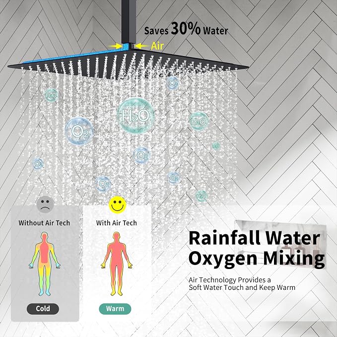 SR SUN RISE 16 Inches Matte Black Shower Set System Bathroom Luxury Rain Mixer Shower Combo Set Ceiling Mounted Rainfall Shower Head Faucet (Contain Shower Faucet Rough-In Valve Body and Trim)