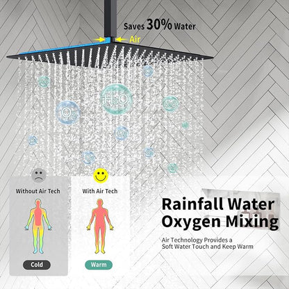 SR SUN RISE 16 Inches Matte Black Shower Set System Bathroom Luxury Rain Mixer Shower Combo Set Ceiling Mounted Rainfall Shower Head Faucet (Contain Shower Faucet Rough-In Valve Body and Trim)