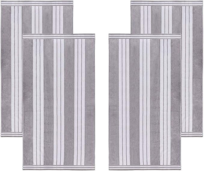 Superior Oversized Cotton Beach Towel Set of 4, Absorbent Towels for Bathroom, Beach, Pool, Swim, Adults, Kids, Vacation, Travel, Bath, Quick Dry Basics, Trip Essentials, Striped Decor, Light Grey
