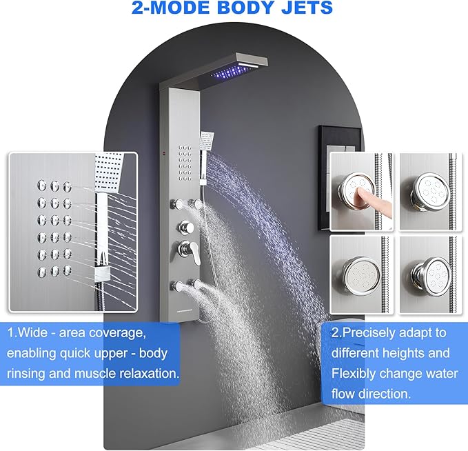 POPFLY Shower Panel, LED Rainfall & Waterfall Shower Head, 5-in-1 Shower System with Body Massage Jets, Handheld Spray, Tub Spout, Stainless Steel Wall Mounted Shower Tower, Brushed Nickel