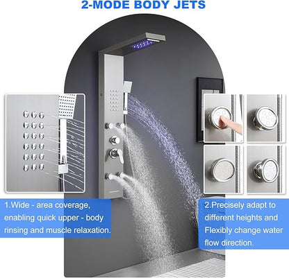 POPFLY Shower Panel, LED Rainfall & Waterfall Shower Head, 5-in-1 Shower System with Body Massage Jets, Handheld Spray, Tub Spout, Stainless Steel Wall Mounted Shower Tower, Brushed Nickel