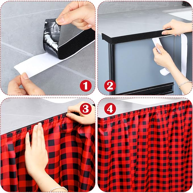 Fabric Sink Skirt Diamond Bathroom Stitch Self Stick Adhesive Waterproof Fabric Under Sink Curtain Skirt 55 x 32 Inch Adds Bathroom Storage(Red and Black,Classic Style)