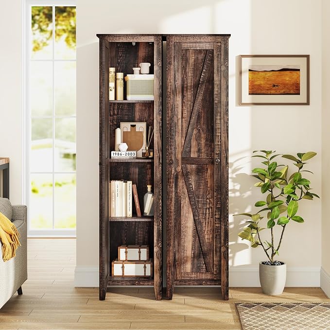 GIANTEX 72-Inches Narrow Storage Cabinet, Tall Bathroom Floor Cabinet with 4 Shelves, Barn Door, Anti-tilt Device, Raised Feet, Slim Storage Unit for Small Spaces, Living Room, Home Office, Kitchen