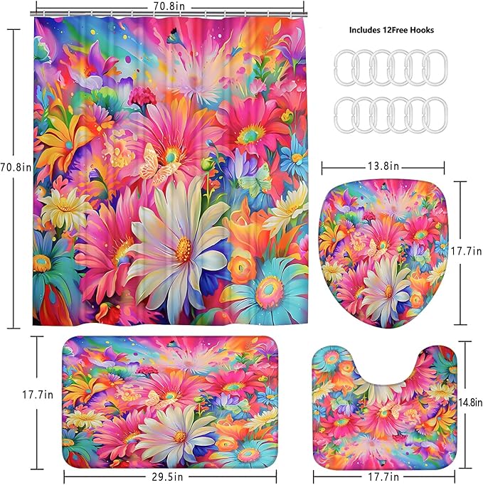 4-Piece Sunflower Shower Curtain Pink Blue Flower Bathroom Set with Shower Curtain and Rugs, Pastel Daisy Bath Set with Hooks for Home Decor