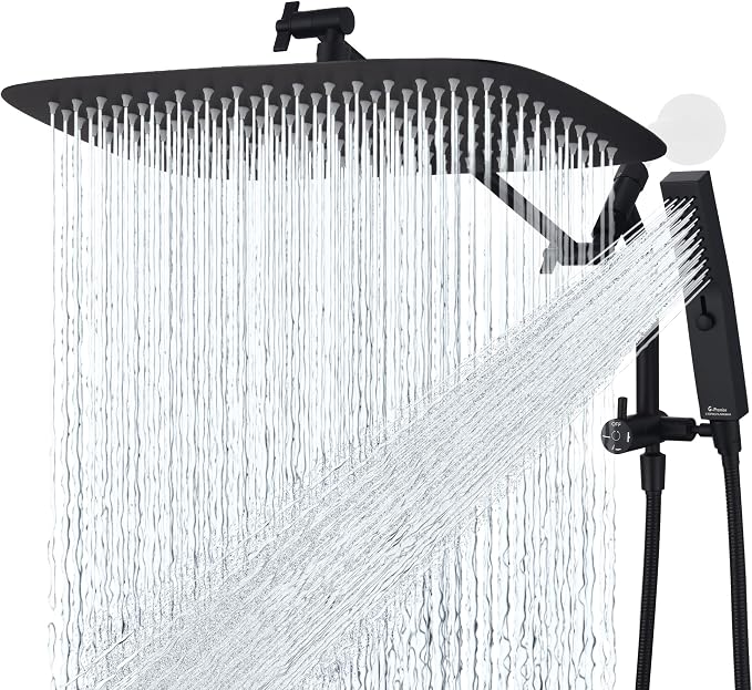 G-Promise 16 Inch All Metal Rain Shower Head with Handheld (Matte Black) | Suits Every Height, Pause Mode Diverter, Massage Mode Handheld, Full Body Coverage, Easy to Install, Modern Bath Upgrade