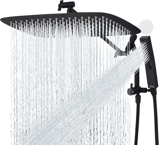 G-Promise 16 Inch All Metal Rain Shower Head with Handheld (Matte Black) | Suits Every Height, Pause Mode Diverter, Massage Mode Handheld, Full Body Coverage, Easy to Install, Modern Bath Upgrade