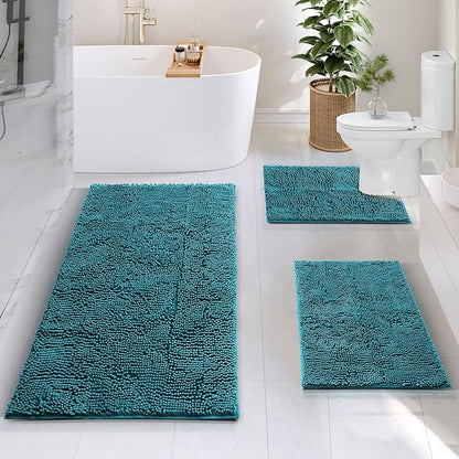 Hearth & Harbor Bathroom Rugs, Chenille Bath Mat - Machine Washable Bath Mats for Bathroom Non-Slip Backing Rubber, Quick Dry Mat - Teal Blue Bath Rug, 17x24-26x44-20x24
