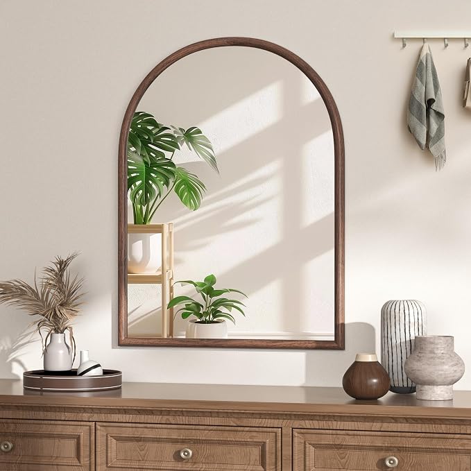 24"x32" Arch Wall Mirror for Wall, Wall Mounted Vanity Mirror for Bedroom, Wood Grain Finish Frame Mirror with Tempered Glass, Vintage Decorative for Bathroom, Entryway, Living Room, Walnut