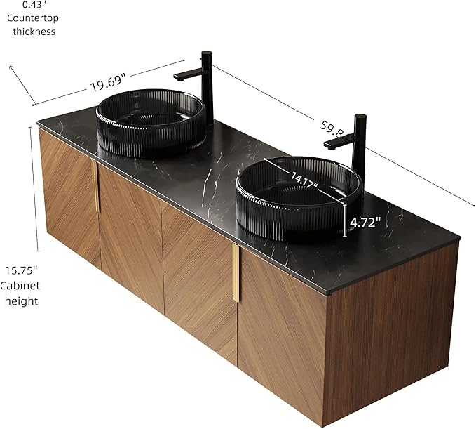 60" Double Sink Bathroom Vanity with Sink Combo, Floating Vanity with Vessel Sink, Wall-Mounted Plywood Bathroom Vanity Storage Cabinet with 4 Doors & 2 Glass Basin, Brown Oak