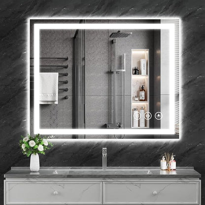 Koonmi 40x32 LED Bathroom Mirror, Shatterproof Mirror with Light | 90CRI Vanity Mirror with Anti-fog Backlit + Front Lit, 3 Color, Easy Install for Bathroom Hotel (IP65)