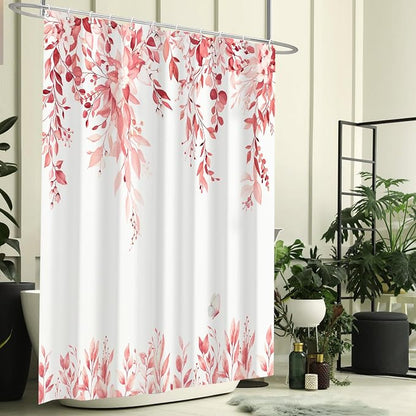 Pink Floral Eucalyptus Shower Curtain with Hooks, 72x84 Inch | Waterproof Fabric, Watercolor Leaves and Floral, Botanical Style, Machine Washable, Quick-Drying, for Hotel Bathroom