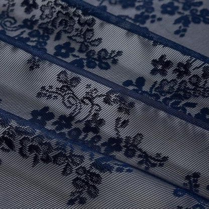 TUDECO Navy Blue Lace Shower Curtain with Attached Valance, 72 x 72 Inch | Retro Floral, Masculine Bathroom Curtain, Moody, Scalloped Edges, Lets Light In, Reinforced Holes, Machine Washable