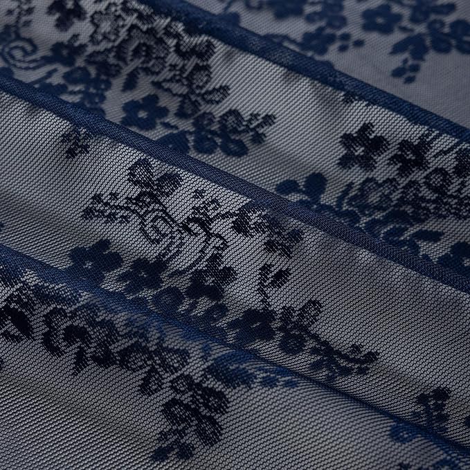TUDECO Navy Blue Lace Stall Shower Curtain with Valance 36''W x 72''L | Narrow, Half Size, for Boys Mens Bathroom, Retro Floral, Semi-Sheer, Scalloped Edges, Reinforced Holes, Machine Washable