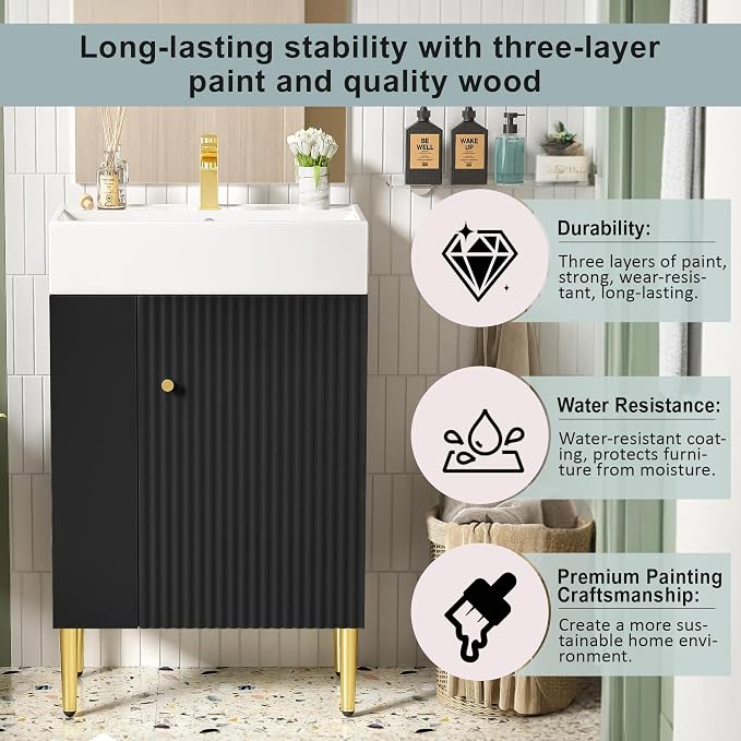 Merax 21.6 Inch Bathroom Vanity with Top Sink, Modern Small Bathroom Storage Cabinet with Left Side Storage, Solid Wood Frame Single Sink Bath Vanities, Black
