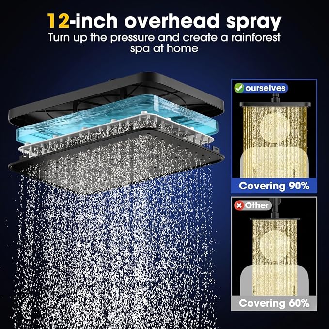 12" Filtered Shower Head with Handheld Rain Shower Head with Filters | Shower Filter Head for Hard Water,High Pressure,Dual Rainfall Shower Heads with Adjustable Extension Arm & Slide Bar,Black