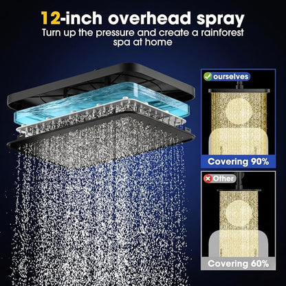 12" Filtered Shower Head with Handheld Rain Shower Head with Filters | Shower Filter Head for Hard Water,High Pressure,Dual Rainfall Shower Heads with Adjustable Extension Arm & Slide Bar,Black