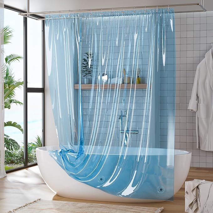 Titanker Shower Curtain Liner, Plastic Shower Liner PEVA 72 x 72 Lightweight Waterproof Shower Curtains for Bathroom with Magnets and Rustproof Grommets, Clear Blue