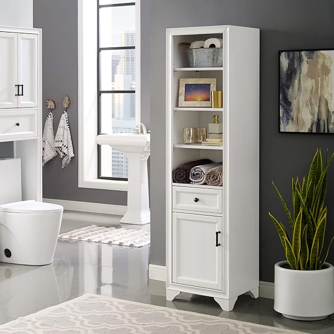 Crosley Furniture Tara Linen Storage Cabinet and Bathroom Organizer with a Drawer and Shelves, Vintage White
