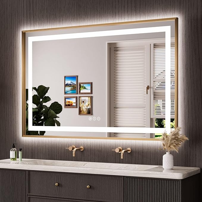 55"X36" LED Bathroom Mirror with Front Lit and Backlit(Brushed Gold) | Metal Framed Mirror, Stepless Dimmable, Anti-Fog, HD Reflection, Shatter-Proof, Memory, 3 Colors, Double LED Vanity Mirror.