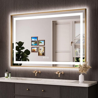 55"X36" LED Bathroom Mirror with Front Lit and Backlit(Brushed Gold) | Metal Framed Mirror, Stepless Dimmable, Anti-Fog, HD Reflection, Shatter-Proof, Memory, 3 Colors, Double LED Vanity Mirror.