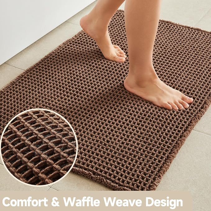 TYUU Waffle Bath Mat, Boho Bathroom Rugs Non Slip, 30x20 Mocha | Super Absorbent Quick Dry Bath Rug, Non-Slip Backing, Soft Waffle Washable Farmhouse Bathroom Mats, Tub, Shower & Home Decor