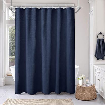 Long Waffle Shower Curtain Heavyweight Cotton Fabric Navy Blue 72Wx78L | Soft Cotton Cloth,3D Square Truely Waffle,Washable, Hotel Luxury Spa, Shower Curtains for Narrow Bathroom 12 Plastic Hooks