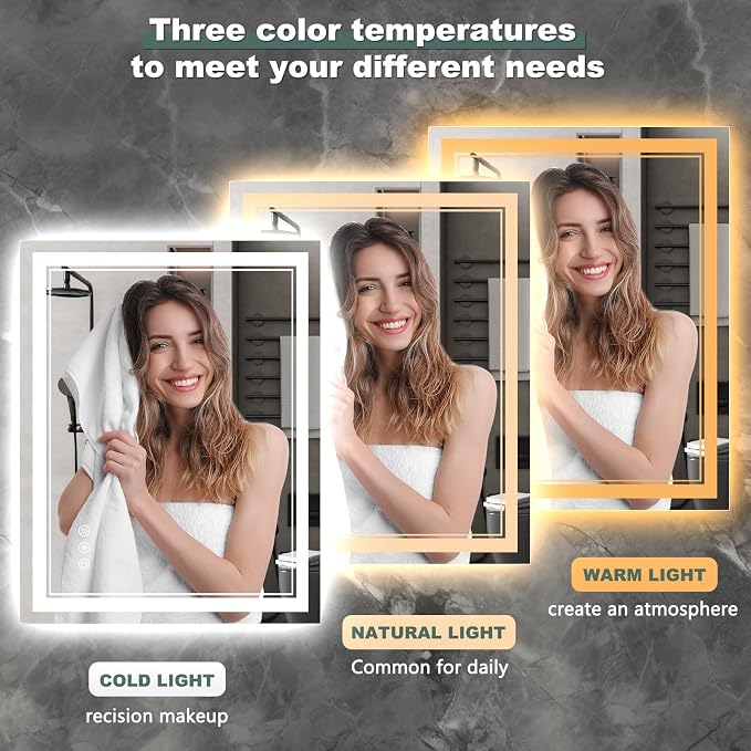 48x28 Inch LED Bathroom Mirror with Lights, 3 Colors Dimmable LED Vanity Mirror, Front and Back Lit, Anti-Fog, Memory Function, Shatterproof Tempered Glass, ETL Listed, Wall Mounted Makeup Mirror
